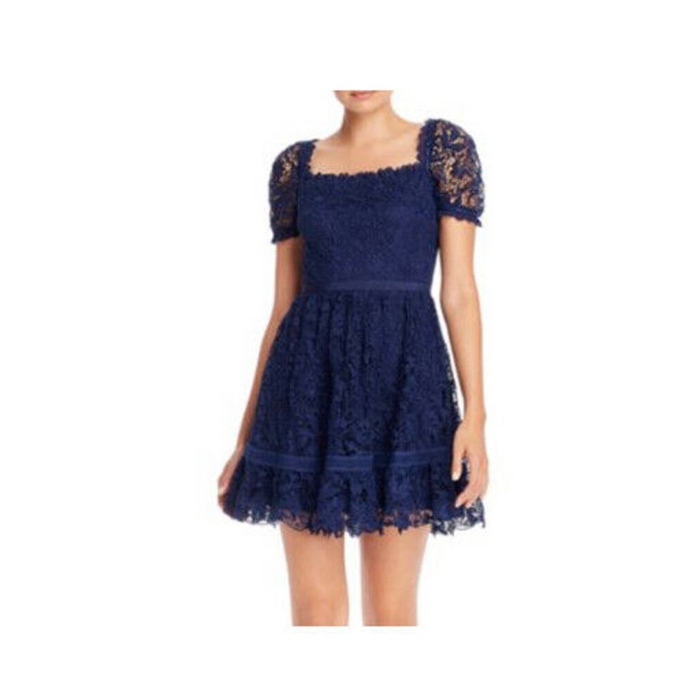 New $118 AQUA Square Neck Lace DRESS Blue Small